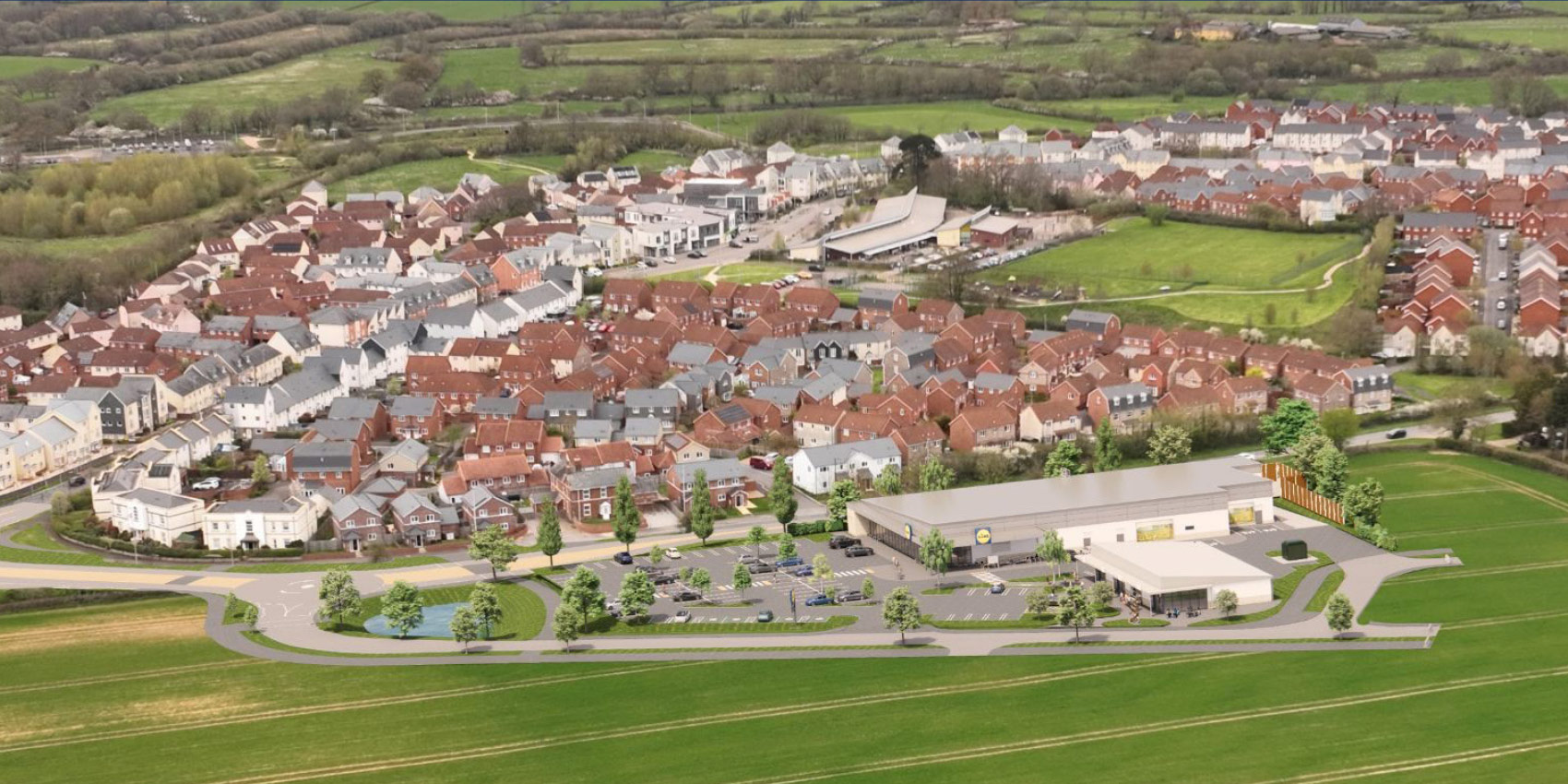 3D aerial visual of the proposed Lidl store & retail/leisure units