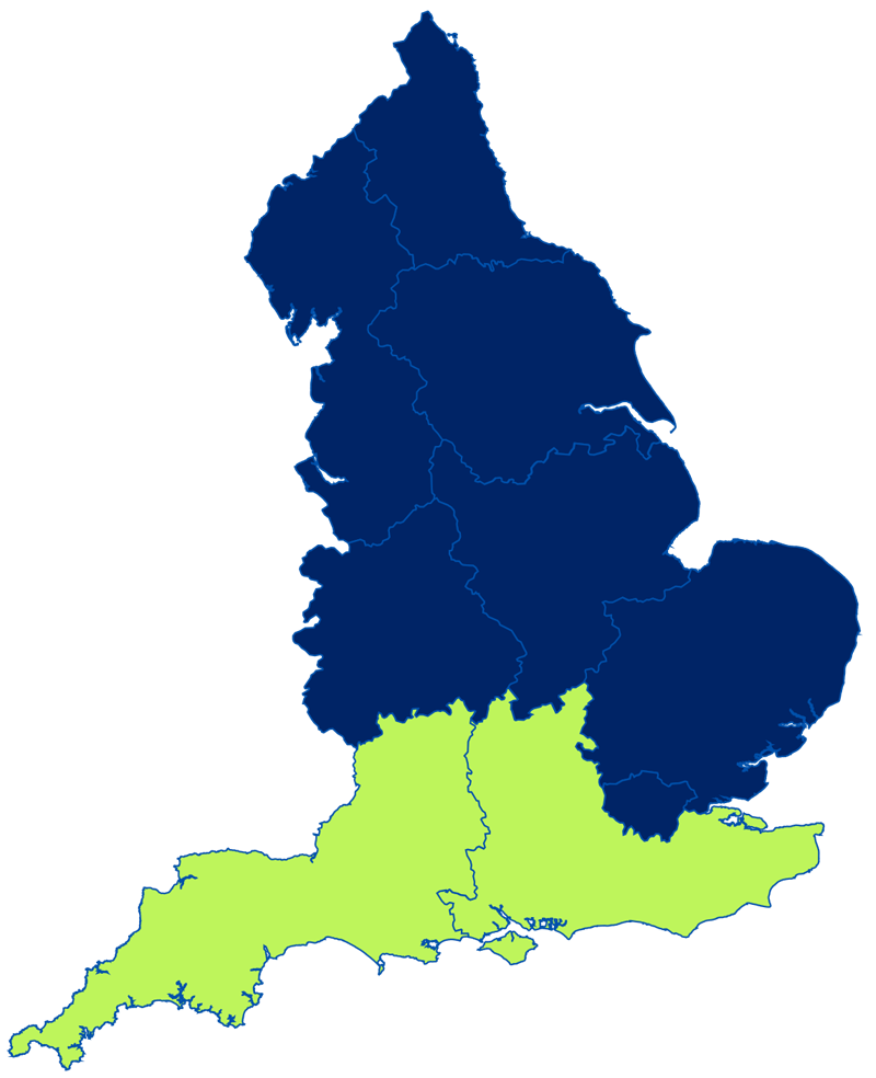 map of England with south of England highlighted